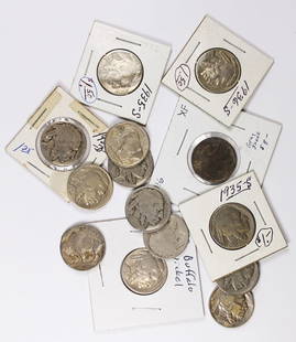 GROUP LOT OF BUFFALO NICKELS: 14 NICKELS TOTAL. (2) 1935-S, (2) 1937-D, 1936-S, 1919, 1916, 1923, (3) NO DATE, 1935, AND (2) 1936. ESTIMATE: $75-$100