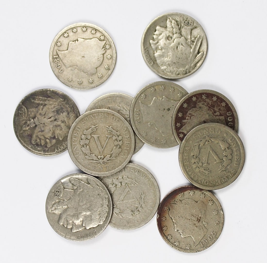 NICKEL LOT: GROUP OF BUFFALO AND LIBERTY V-NICKELS. 1899, 1906, 1902, 1912, 1936, 1901, 1911, 1905, 1905, 1936 AND 1937. ESTIMATE: $50-$75
