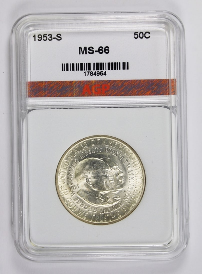 1953-S WASHINGTON CARVER HALF DOLLAR: AGP MS 66. ESTIMATE: $500-$600