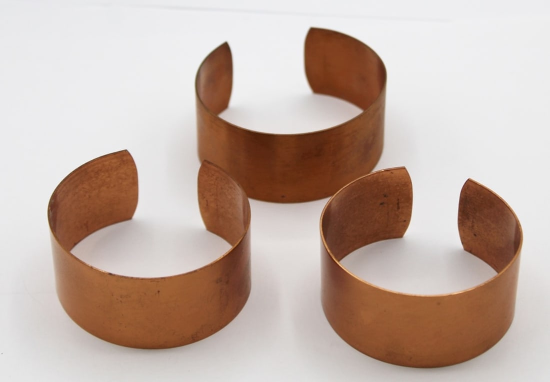 (3) PURE COPPER CUFF BRACELETS: STAMPED "COPPER". ESTIMATE: $1-$50