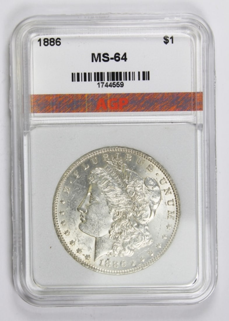 1886 MORGAN SILVER DOLLAR: AGP MS 64. ESTIMATE: $100-$150