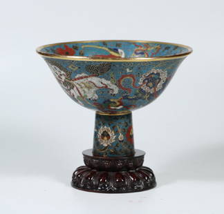 A Cloisonné Enameled Bronze Stem Cup With Mark: A Cloisonné Enameled Bronze Stem Cup, marked with six-character inscription. Height: 4 1/8" (10.5cm) Width: 5 15/16"(15cm) Weight: 570 grams