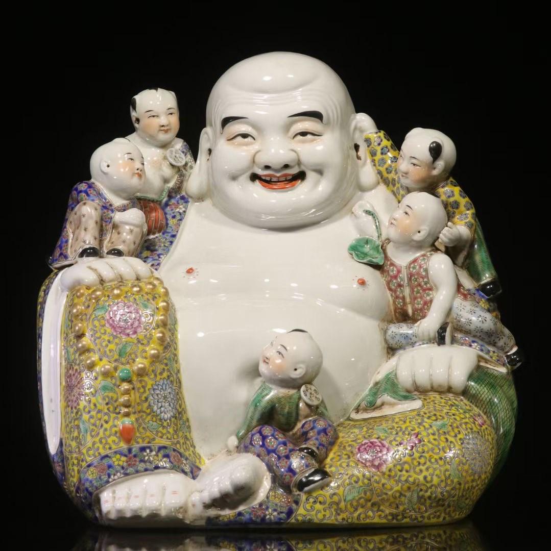 Famille Rose Laughing Buddha And Boys, Wei Hongtai Mark (1 of 9)