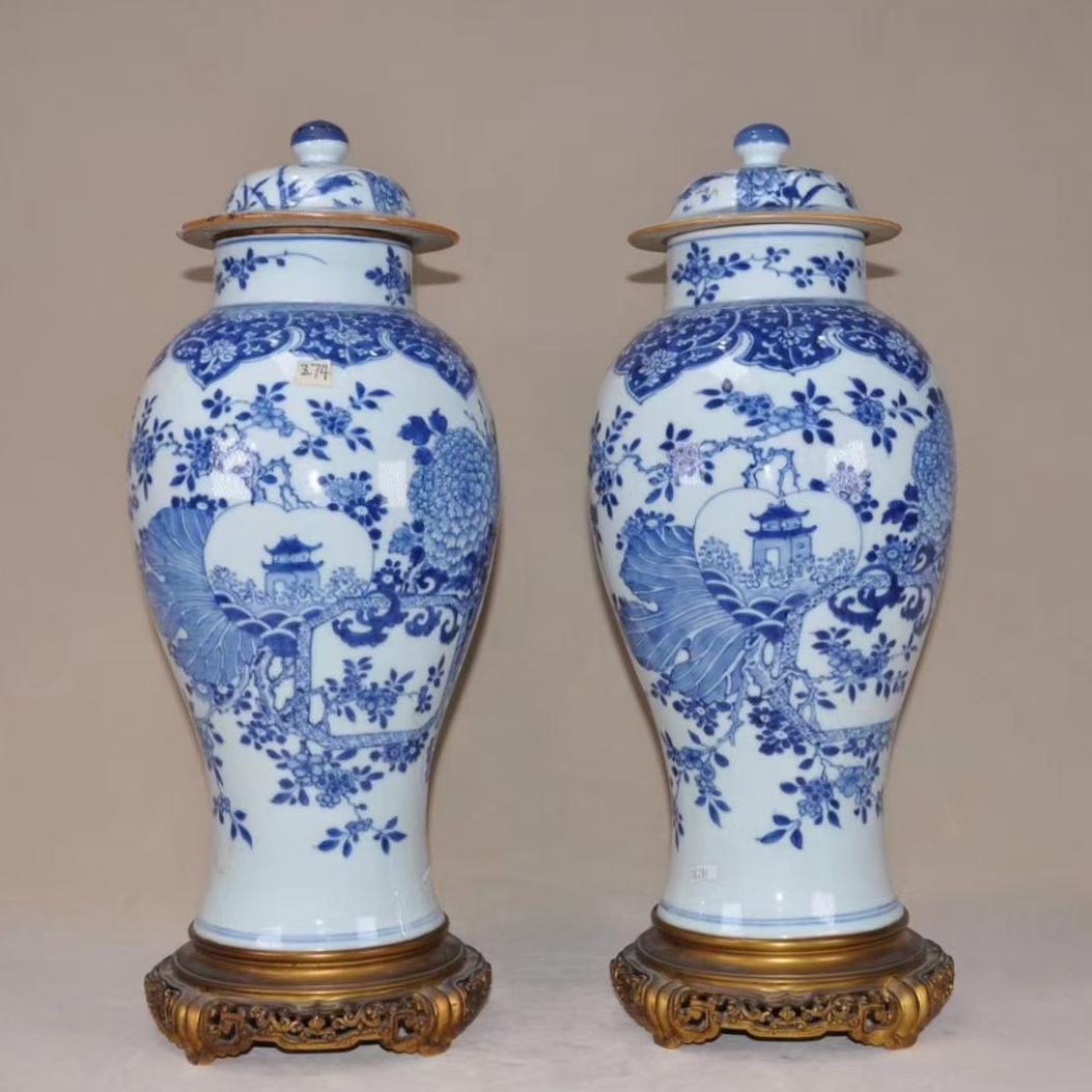 LARGE PAIR OF BLUE AND WHITE PORCELAIN LIDDED VASES (1 of 9)