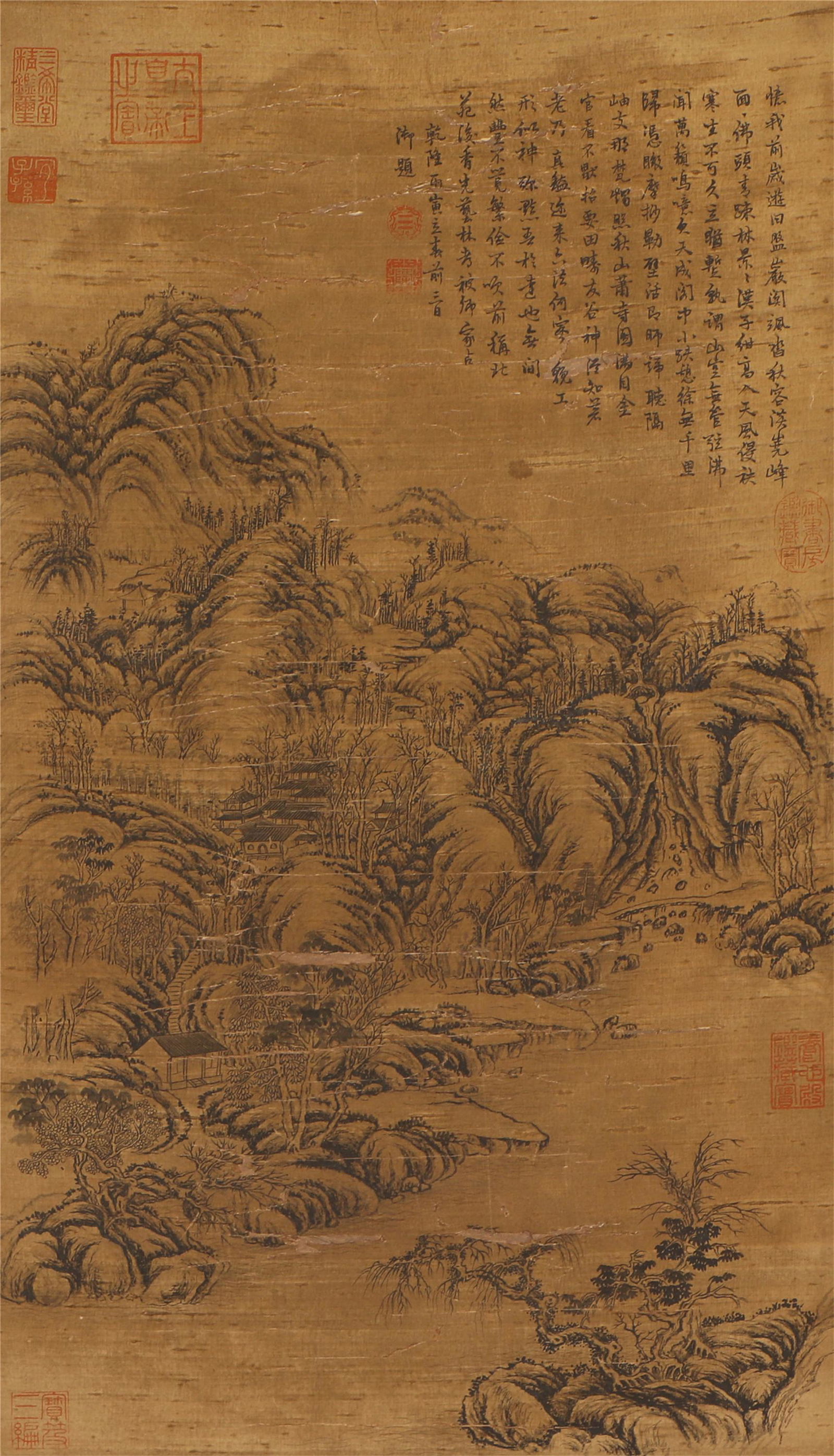 A CHINESE PAINTING OF SECLUDED STUDIO IN THE FOREST: A CHINESE PAINTING OF SECLUDED STUDIO IN THE FOREST Painting Depicting Secluded Studio in the Forest, scroll, ink on paper, inscribed, eight seals. Dimension: Image only size 75 cm by 42 cm.