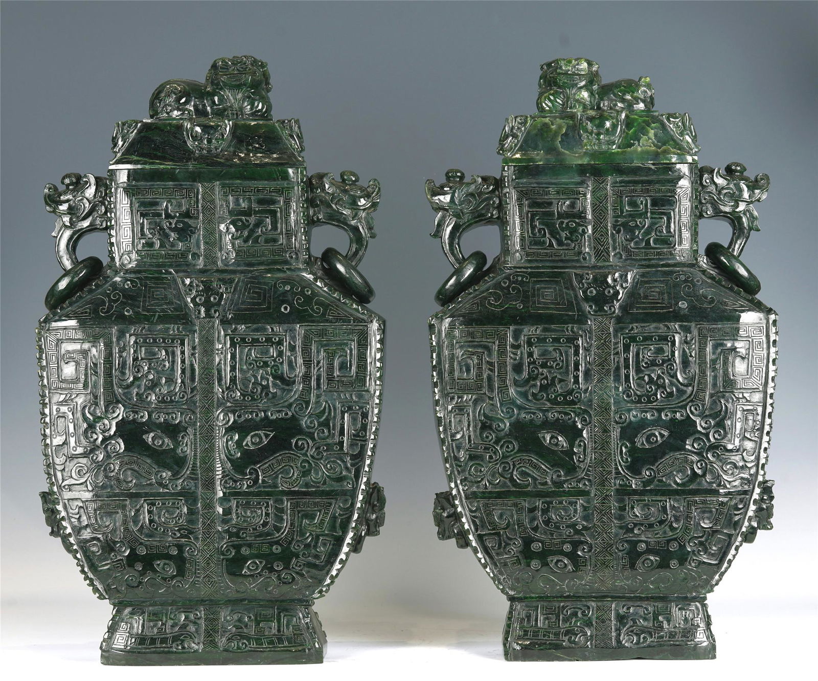 PAIR MAGNIFICENT CARVED SPINACH GREEN JADE VASES (1 of 13)