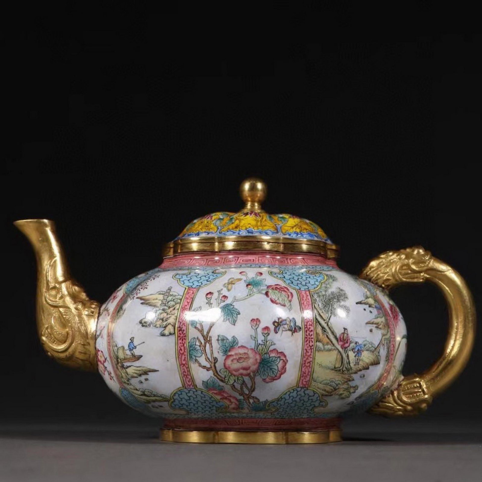 ENAMEL PAINTED BRONZE 'FIGURAL' TEAPOT WITH MARK (1 of 9)