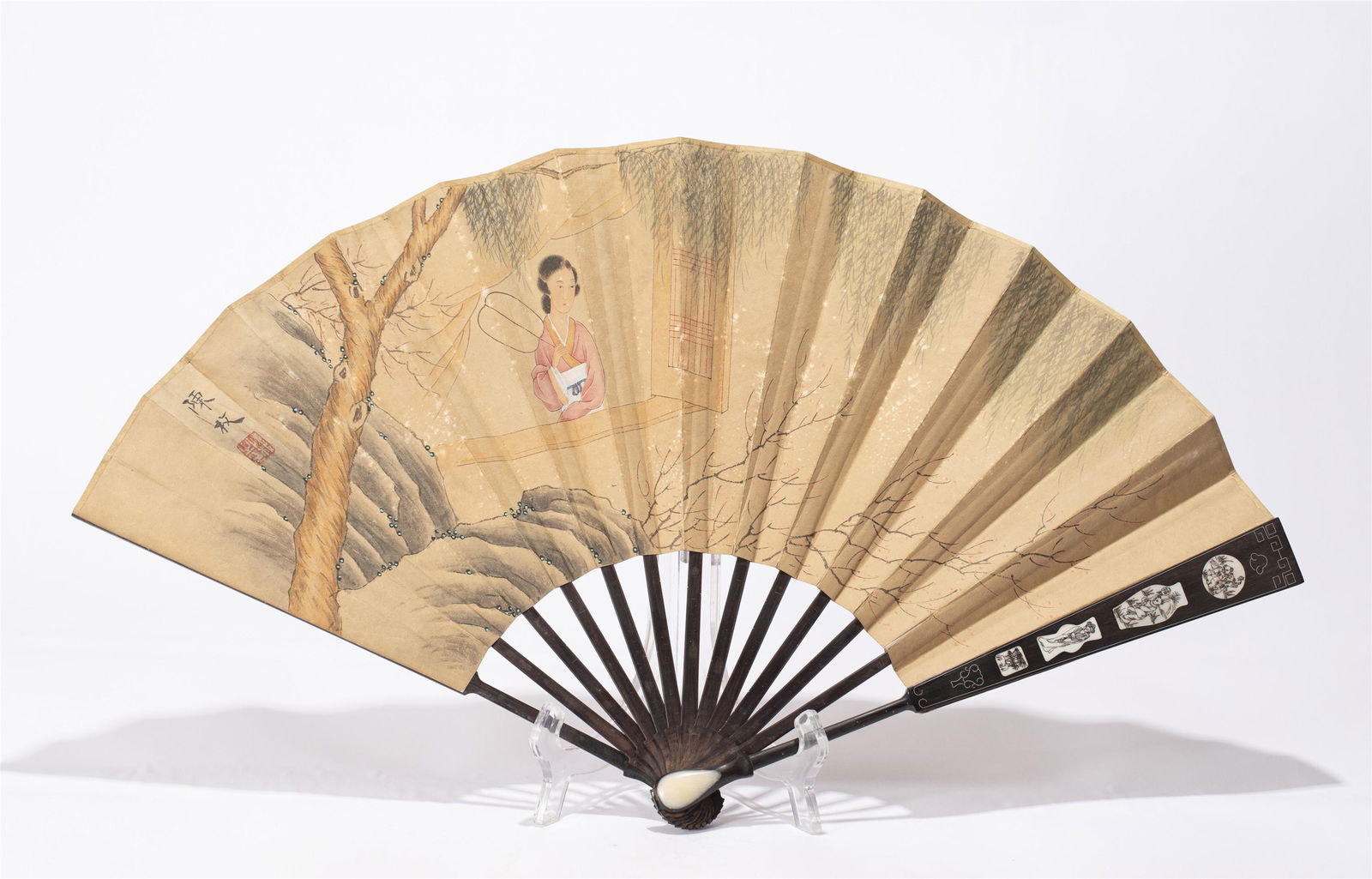 A CHINESE PAINTING FAN: A CHINESE PAINTING FAN Painting depicting Long Eliza, fan leaf, ink and color on paper, signed Chenmei, one seal of artist. Dimension: L. 32.5 cm. W. 3.3 cm. H. 2.7 cm. Weight 110 gram.