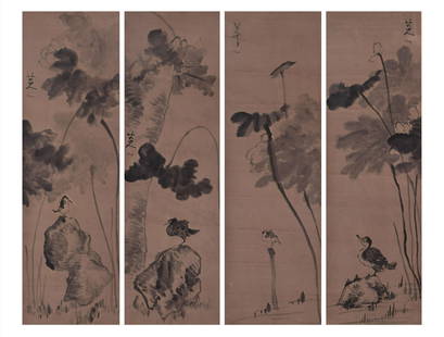A GROUP OF FOUR CHINESE PAINTING OF LOTUS AND BIRDS SIGNED BADASHANREN: A GROUP OF FOUR CHINESE PAINTING OF LOTUS AND BIRDS SIGNED BADASHANREN In a group of four, each painting depicting lotus and a bird, ink on paper, signed Bada Shanren, with seal marks of the artist. D