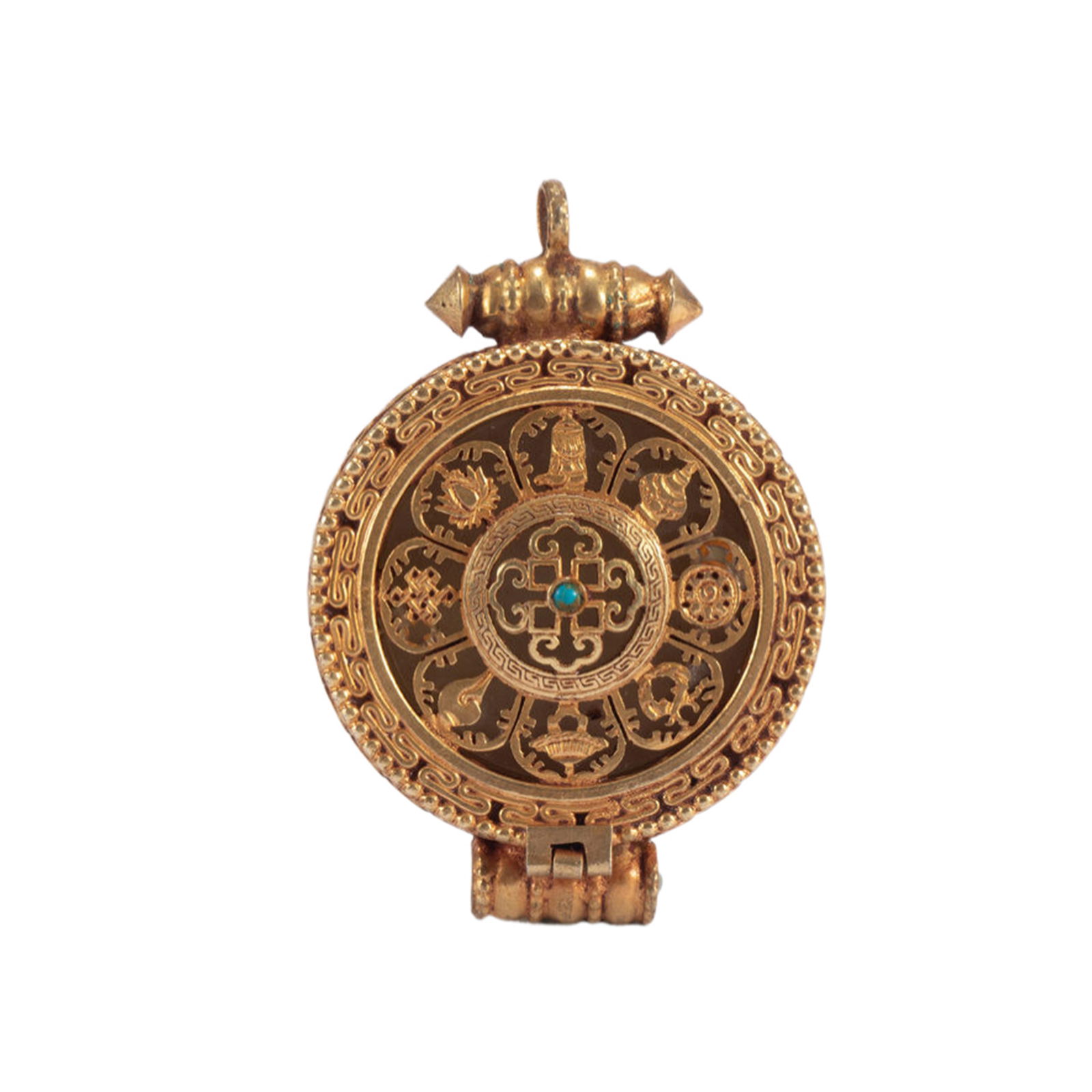 A TIBETAN BRONZE-GILT AMULET BOX GU (1 of 11)