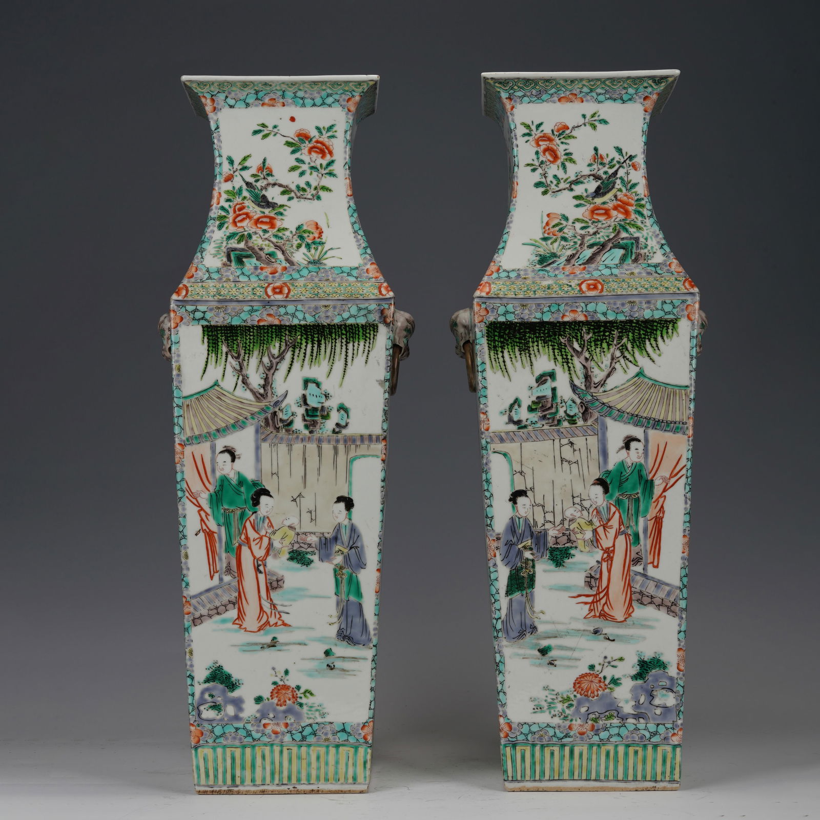 PAIR FAMILLE VERTE FIGURAL STORY VASES (1 of 13)
