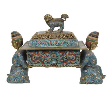 A VERY RARE CHINESE CLOISONNE ENAMEL INCENSE BURNER: A VERY RARE CHINESE CLOISONNE ENAMEL INCENSE BURNER The tapering rectangular censer is supported on two kneeling foreigner-huren, surmounted with cover ended with buddhist lion finial. Dimension: L.