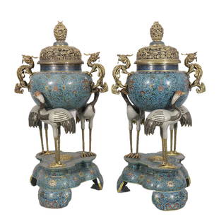 PAIR MAGNIFICENT AND LARGE CLOISONNE ENAMEL CRANES INCENSE BURNERS: PAIR MAGNIFICENT AND LARGE CLOISONNE ENAMEL CRANES INCENSE BURNERS The compressed globular censer is elaborately decorated with a dense design of linked lotus blossoms, exotic flowers, flanked by a