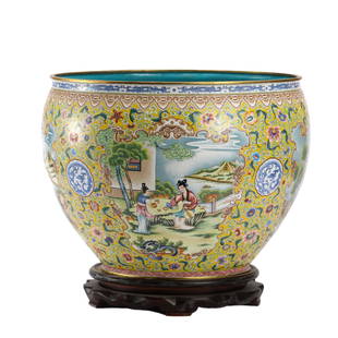 A CHINESE PAINTED ENAMEL BRONZE JARDINIERE: A CHINESE PAINTED ENAMEL BRONZE JARDINIERE Of compressed ovoid shape, finely painted figural story at the reserved cartouche, surrounded with floral sprays against yellow ground. Dimension: L. 37 cm.