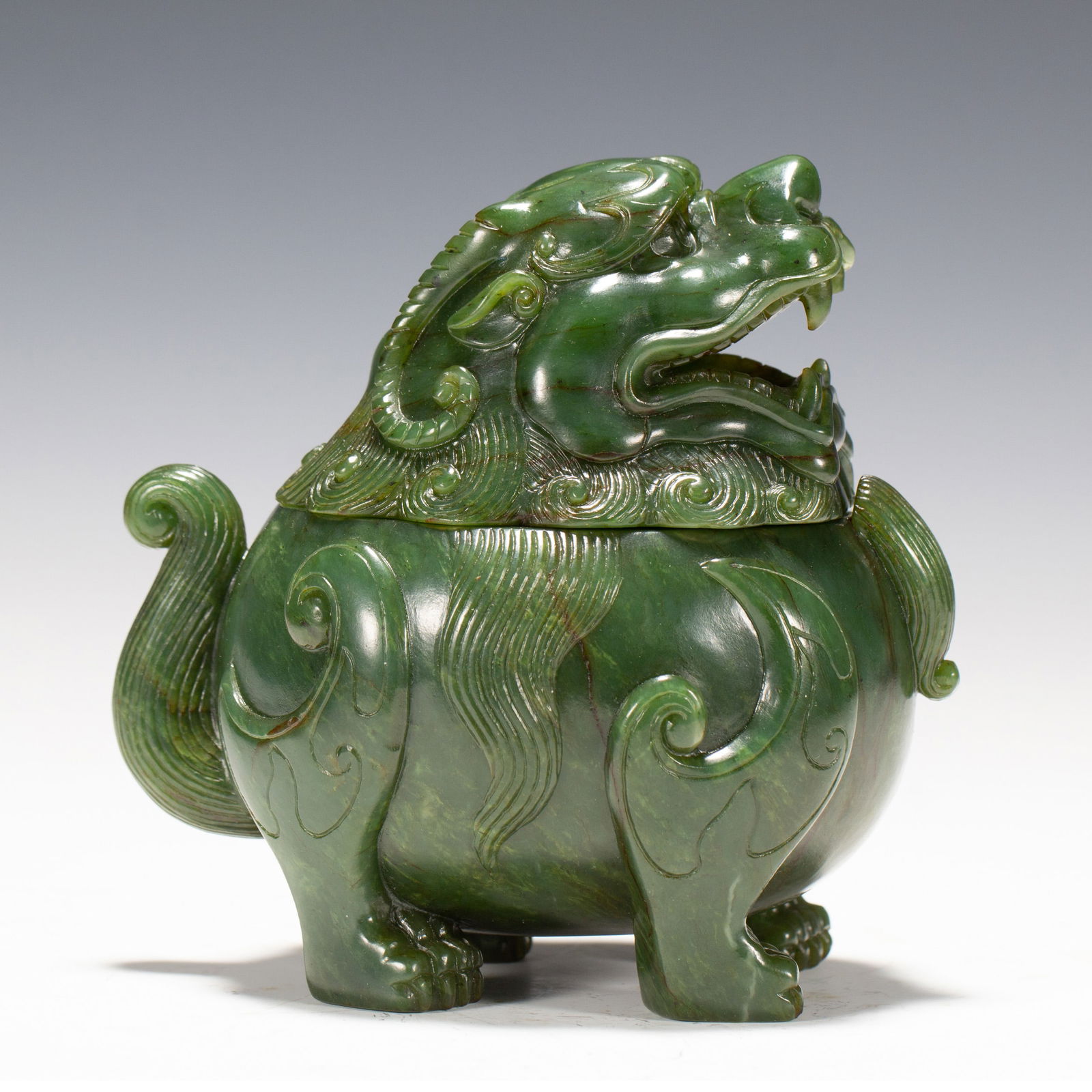 A CARVED SPINACH GREEN JADE INCENSE BURNER LUDUAN (1 of 9)