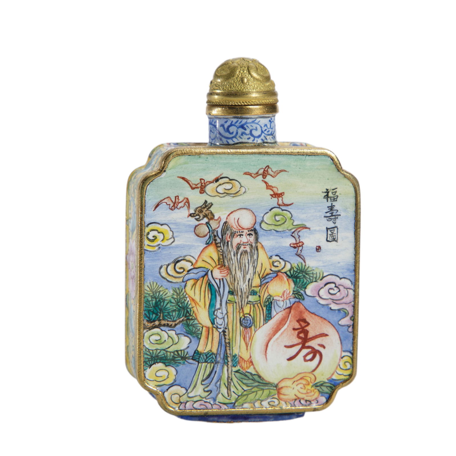 A PAINTED ENAMEL GOD OF LONGEVITY SNUFF BOTTLE (1 of 9)