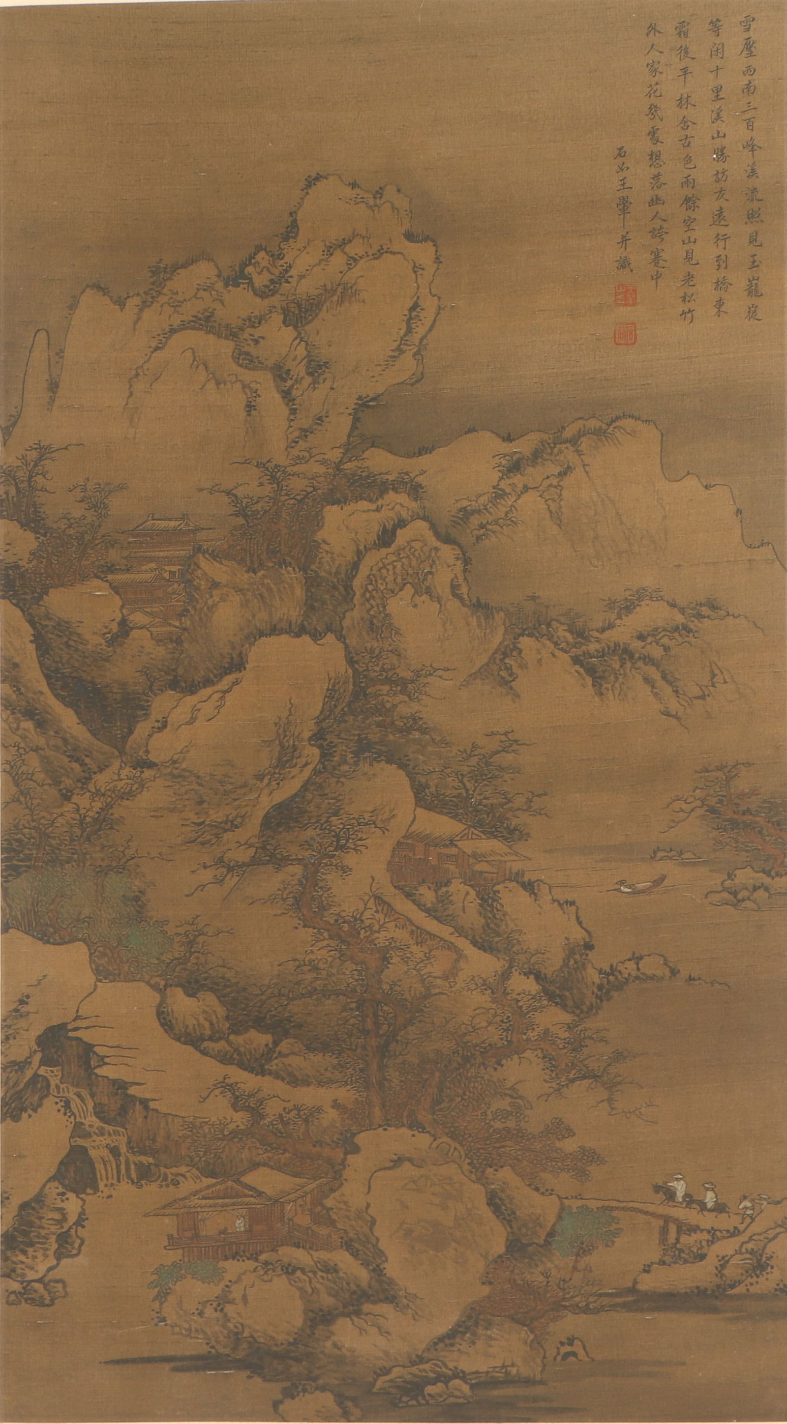 A CHINESE PAINTING RETURNING TO THE RETREAT SIGNED WANGHUI: A CHINESE PAINTING RETURNING TO THE RETREAT SIGNED WANGHUI The painting depicting Returning to the Retreat, hanging scroll, ink and color on satin, inscribed and signed Wang Hui, with seals of artist.