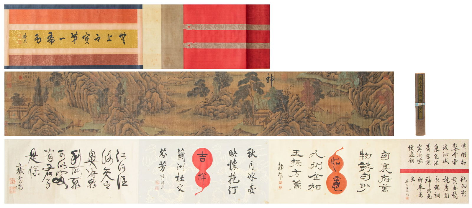 A CHINESE PAINTING OF MOUNTIAN VILLAGE SIGNED WANGMENG: A CHINESE PAINTING OF MOUNTIAN VILLAGE SIGNED WANGMENG The painting depicting Mountain Village, hand scroll, ink and color on paper, entitled, inscribed and signed Wang Meng, titleslip at the cover, w