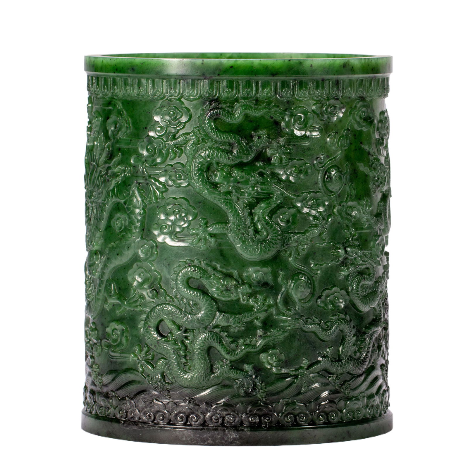 A CARVED SPINACH GREEN JADE DRAGONS BRUSHPOT