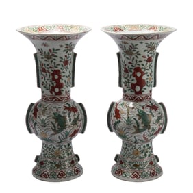 PAIR CHINESE WUCAI GLAZE PORCELAIN VASES GU