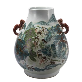A CHINESE FAMILLE ROSE PORCELAIN HUNDRED DEERS ZUN VASE