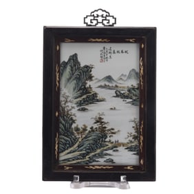 A CHINESE FAMILLE ROSE LANDSCAPE PORCELAIN HANGING PANEL