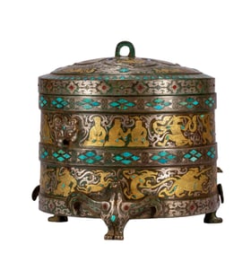 A FINE AND RARE GOLD AND SILVER INLAID TURQUOISE DECORATED VESSEL