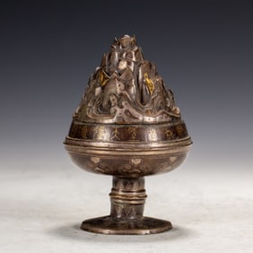 A GOLD AND SIVLER INLAID BRONZE MOUNT SHAPE CENSER BOSHANLU