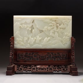 A CARVED WHITE JADE INLAID WOODEN TABLE SCREEN