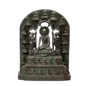 A VERY RARE BRONZE SEATED SHAKYAMUNI WITH ACOLYTES
