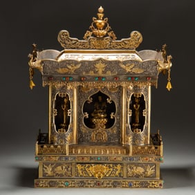 A FINE AND RARE GOLD AND SILVER PLATED SHRINE WITH AMITABHA