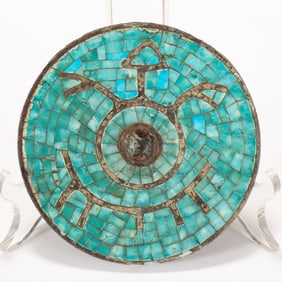 A TURQUOISE INLAID BRONZE MIRROR