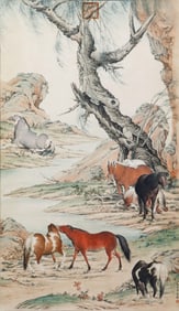 A CHINESE PAINTING OF HORSES SIGNED LANG SHINING