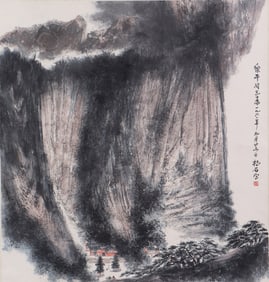A CHINESE PAINTING OF MOUNTAIN VILLAGE SIGNED FU BAOSHI
