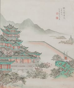 A CHINESE PAINTING OF PALACE SCENE SIGNED LU XIAOMAN