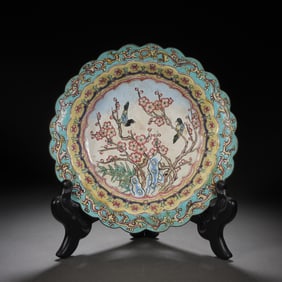 A PAINTED ENAMEL BRONZE LOBED DISH