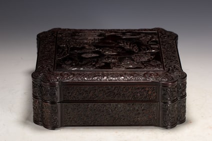 A CARVED ROSEWOOD ZITAN BOX WITH COVER
