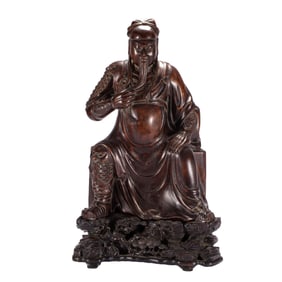 A CARVED ALOESWOOD CHENXIANG SEATED GUANDI