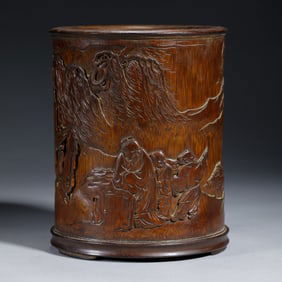 A CARVED BAMBOO FIGURAL STORY BRUSHPOT