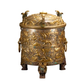 A TURQUOISE INLAID BRONZE-GILT VESSEL WITH COVER