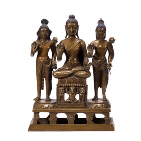 A VERY RARE COPPER ALLOY BUDDHA WITH ATTENDANTS