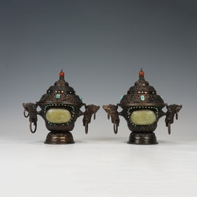 PAIR HARDSTONES INLAID SILVER INCENSE BURNERS