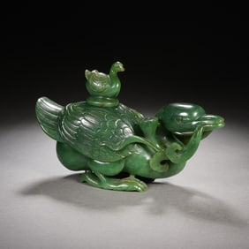 A CARVED SPINACH GREEN JADE WILD GOOSE