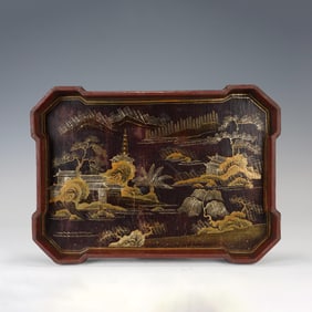A GOLD PAINTED LACQUER LANDSCAPE TEA TRAY