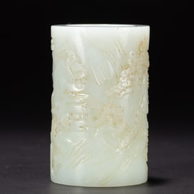 A FINE CARVED WHITE JADE LANDSCAPE BRUSHPOT