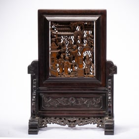 A CARVED BAMBOO INLAID ROSEWOOD ZITAN TABLE SCREEN
