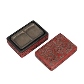 A CARVED INKSTONE WITH CARVED CINNABAR LACQUER BOX