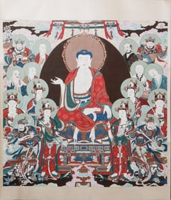 A CHINESE PAINTING OF BUDDHA WITH RETINUE SIGNED DING GUANPENG