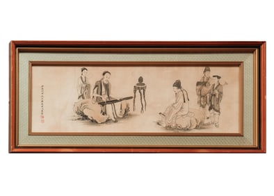A CHINESE PAINTING OF SCHOLARS GATHERING SIGNED YU ZHIDING