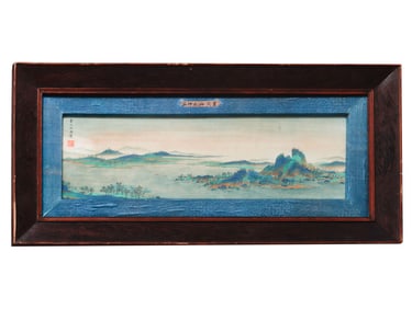 A CHINESE PAINTING OF BLUE AND GREEN LANDSCAPE SIGNED QIUYING